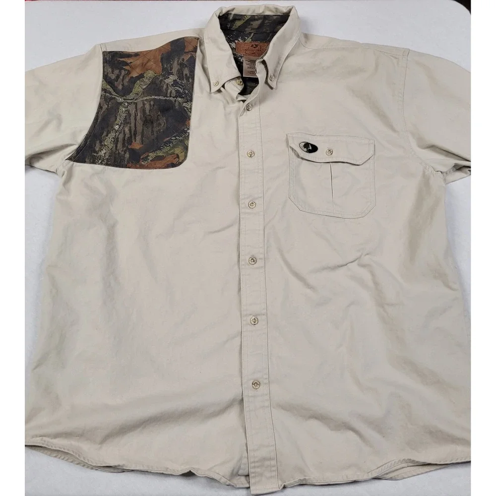 Mossy Oak Men's Open Range Long Sleeve Khaki Shooter Shirt Twill Cotton Size XL